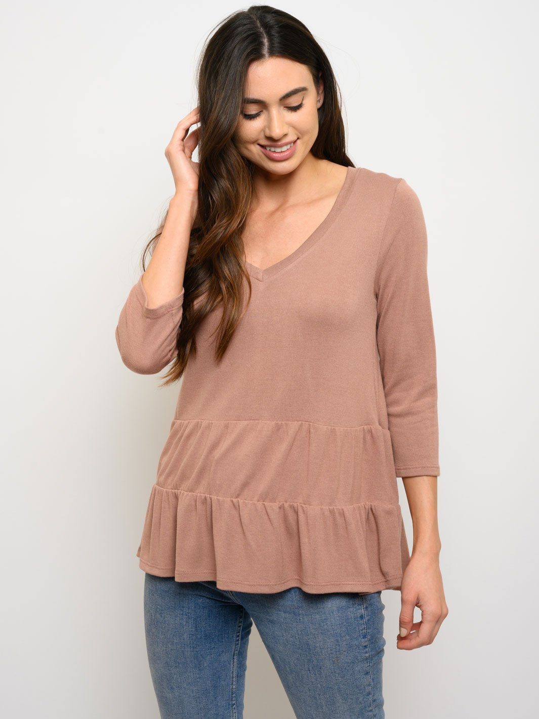 WOMEN'S 3/4 SLEEVE V-NECK PEPLUM TOP