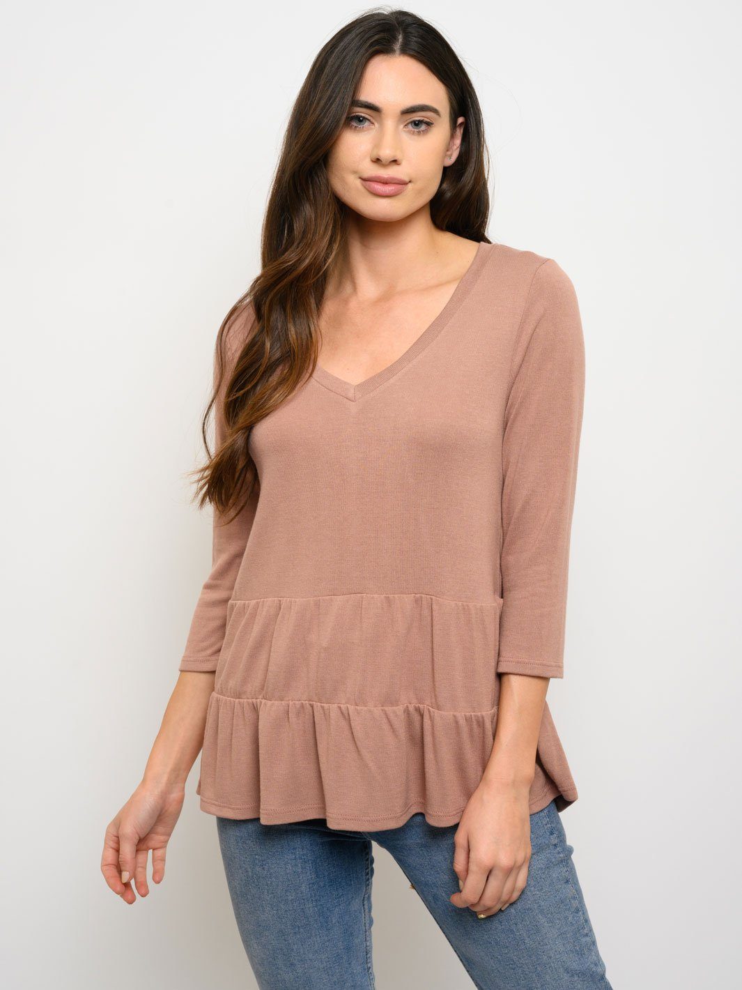 WOMEN'S 3/4 SLEEVE V-NECK PEPLUM TOP