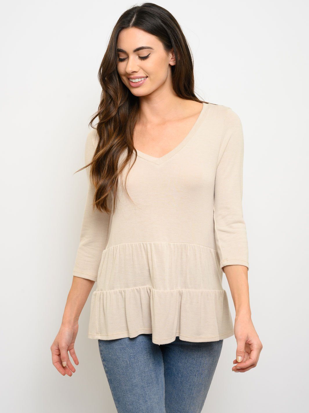 WOMEN'S 3/4 SLEEVE V-NECK PEPLUM TOP