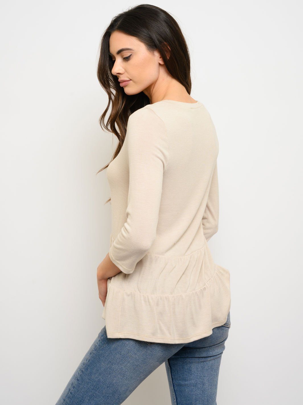 WOMEN'S 3/4 SLEEVE V-NECK PEPLUM TOP