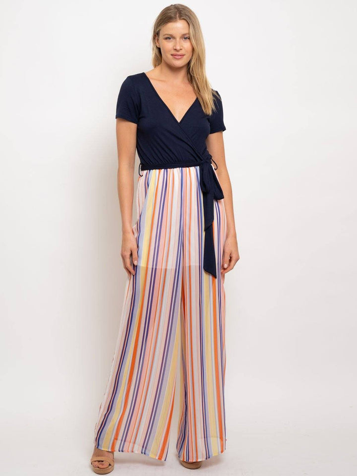 WOMEN'S SHORT SLEEVE MULTI STRIPE JUMPSUIT
