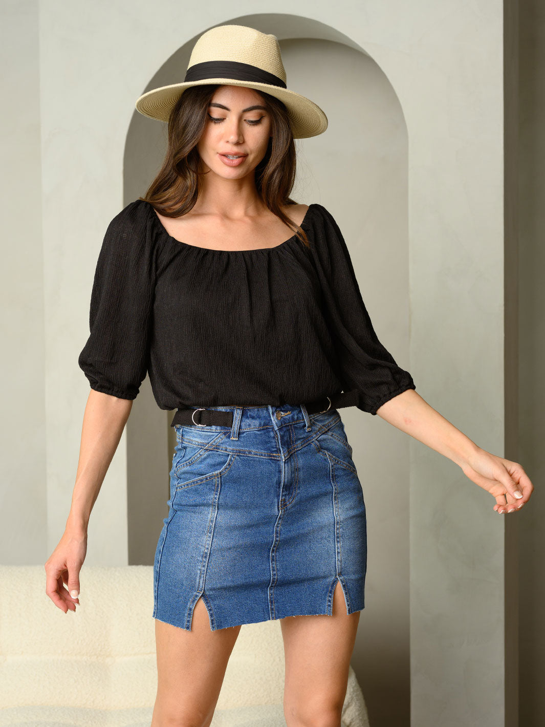 WOMEN'S 3/4 SLEEVES ELASTIC TRIM CROP TOP