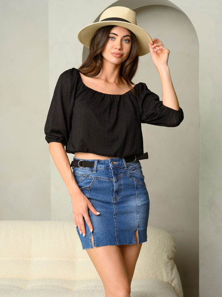 WOMEN'S 3/4 SLEEVES ELASTIC TRIM CROP TOP