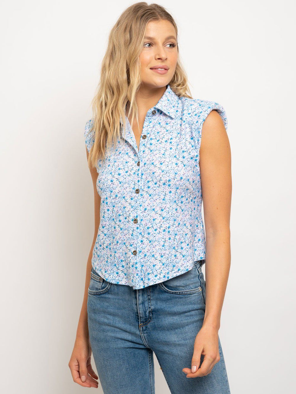 WOMEN'S BUTTON UP MUSCLE SHOULDER PAD TOP