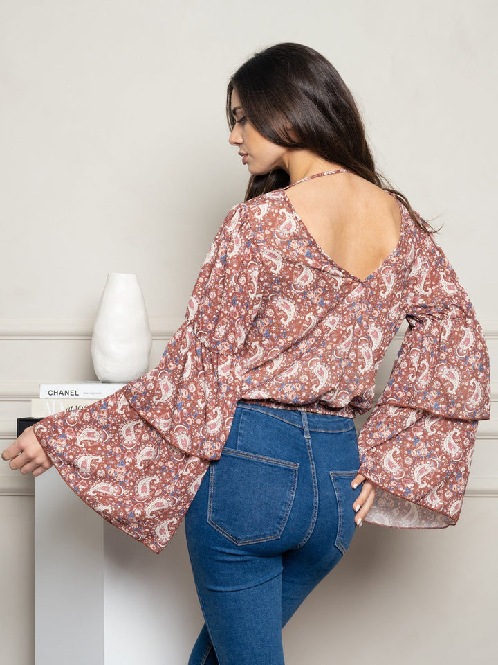 WOMEN'S PAISLY PRINT TIERED RUFFLE LONG SLEEVE WRAP TOP