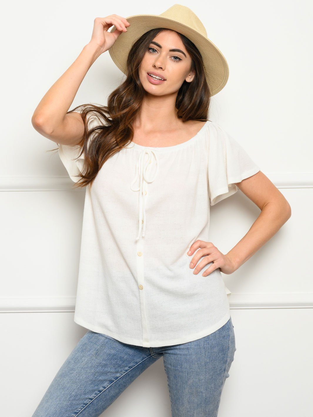 WOMEN'S OFF SHOULDER BUTTON DOWN TOP