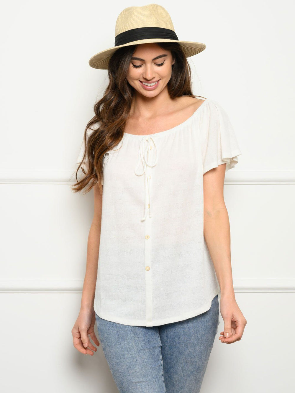 WOMEN'S OFF SHOULDER BUTTON DOWN TOP