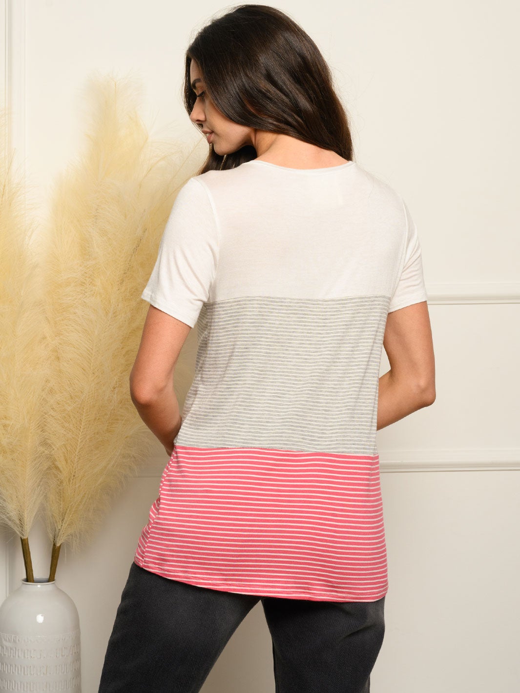 WOMEN'S SHORT SLEEVE STRIPES COLOR BLOCK TOP