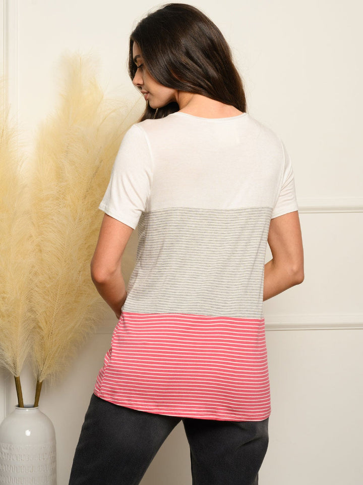 WOMEN'S SHORT SLEEVE STRIPES COLOR BLOCK TOP