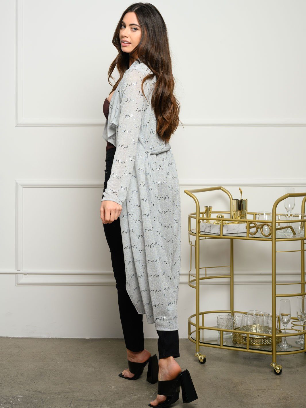 WOMEN'S LONG SLEEVE OPEN SEQUINS CARDIGAN