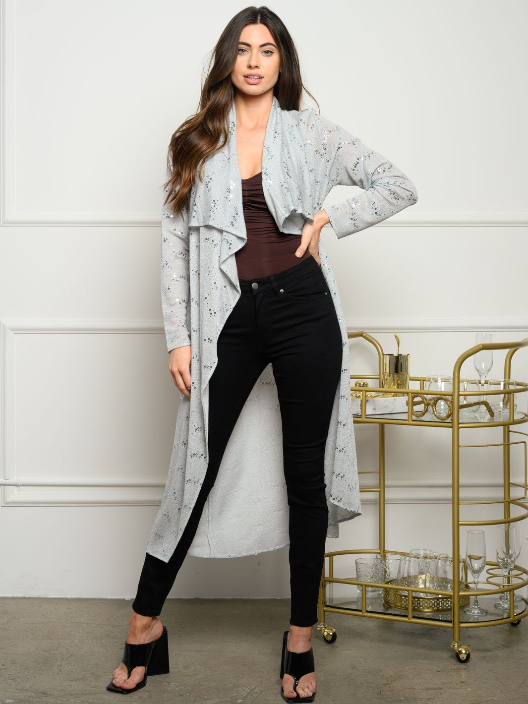 WOMEN'S LONG SLEEVE OPEN SEQUINS CARDIGAN