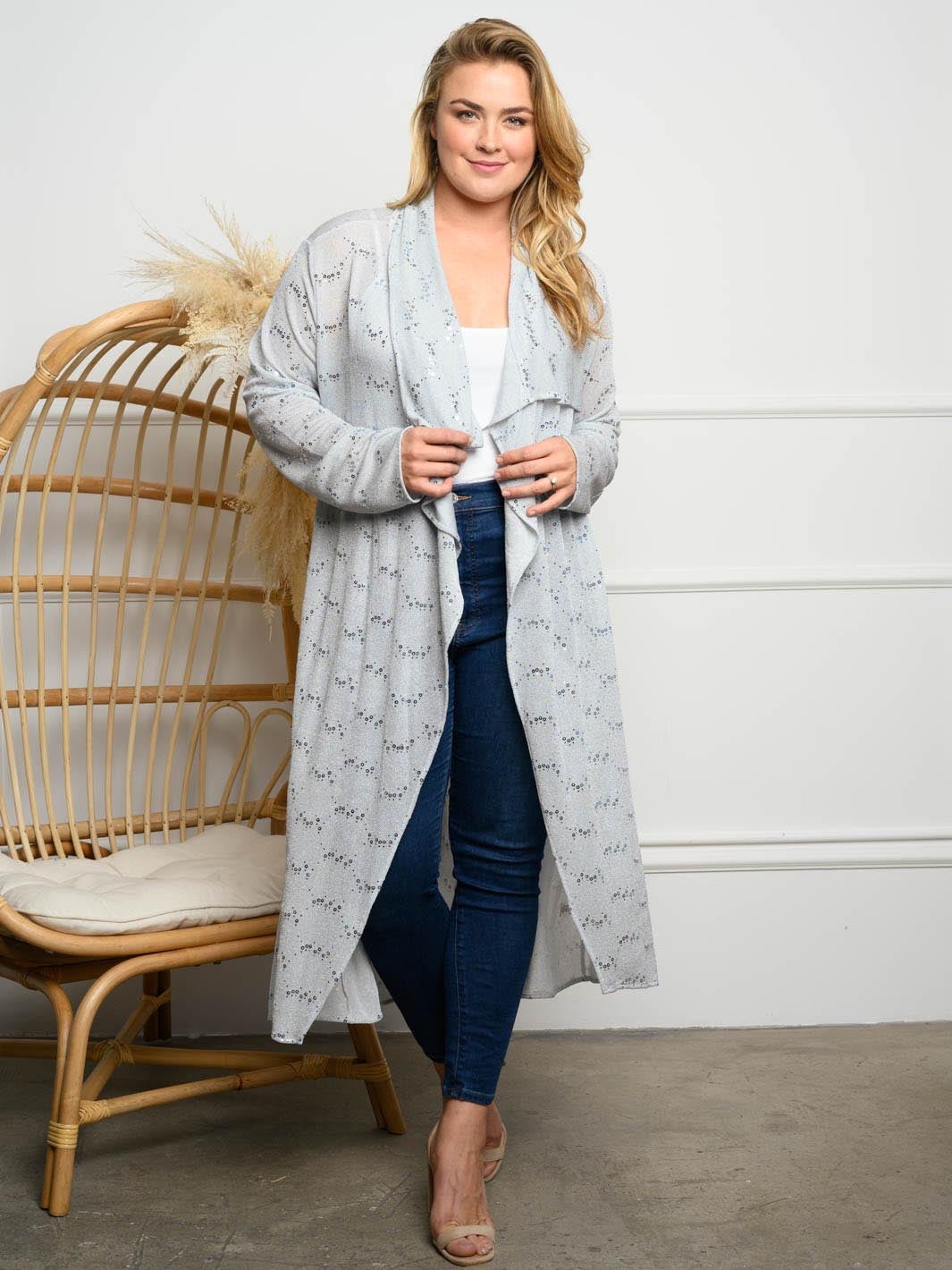 PLUS SIZE SEQUINS RUFFLE LONG SLEEVE CARDIGAN
