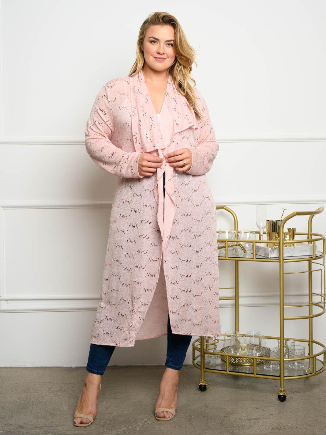 PLUS SIZE SEQUINS RUFFLE LONG SLEEVE CARDIGAN