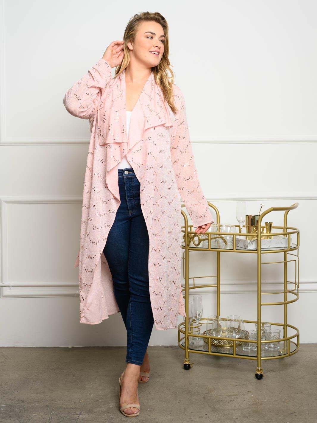 PLUS SIZE SEQUINS RUFFLE LONG SLEEVE CARDIGAN