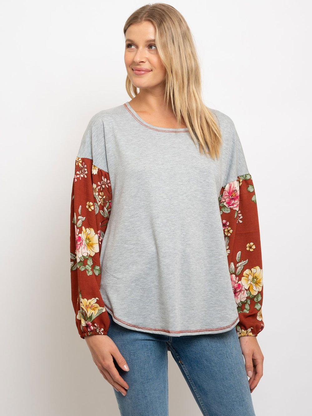 WOMEN'S FLOWER PRINT BUBBLE SLEEVES TOP