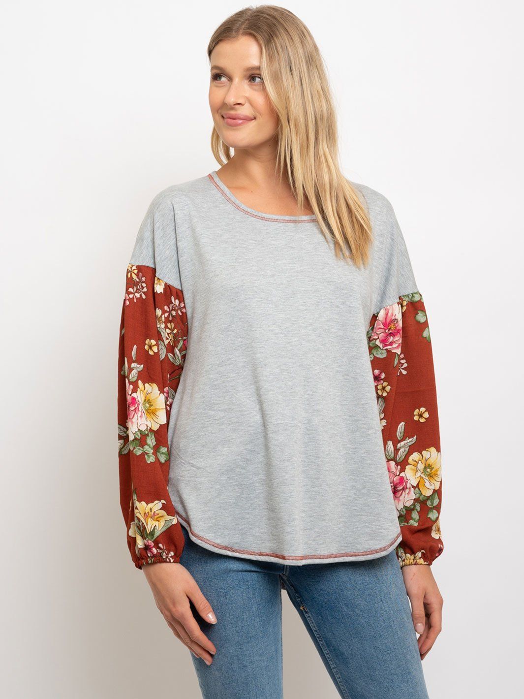 WOMEN'S FLOWER PRINT BUBBLE SLEEVES TOP