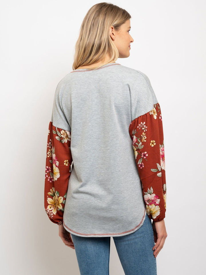 WOMEN'S FLOWER PRINT BUBBLE SLEEVES TOP