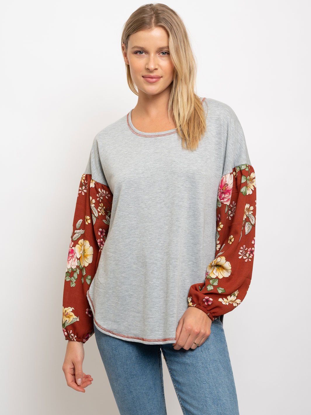 WOMEN'S FLOWER PRINT BUBBLE SLEEVES TOP