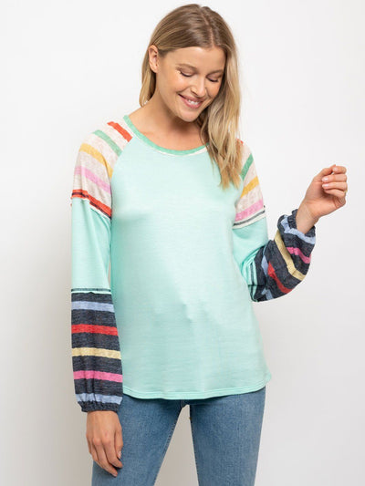 WOMEN'S MULTI COLOR STRIPES PUFF SLEEVES TOP