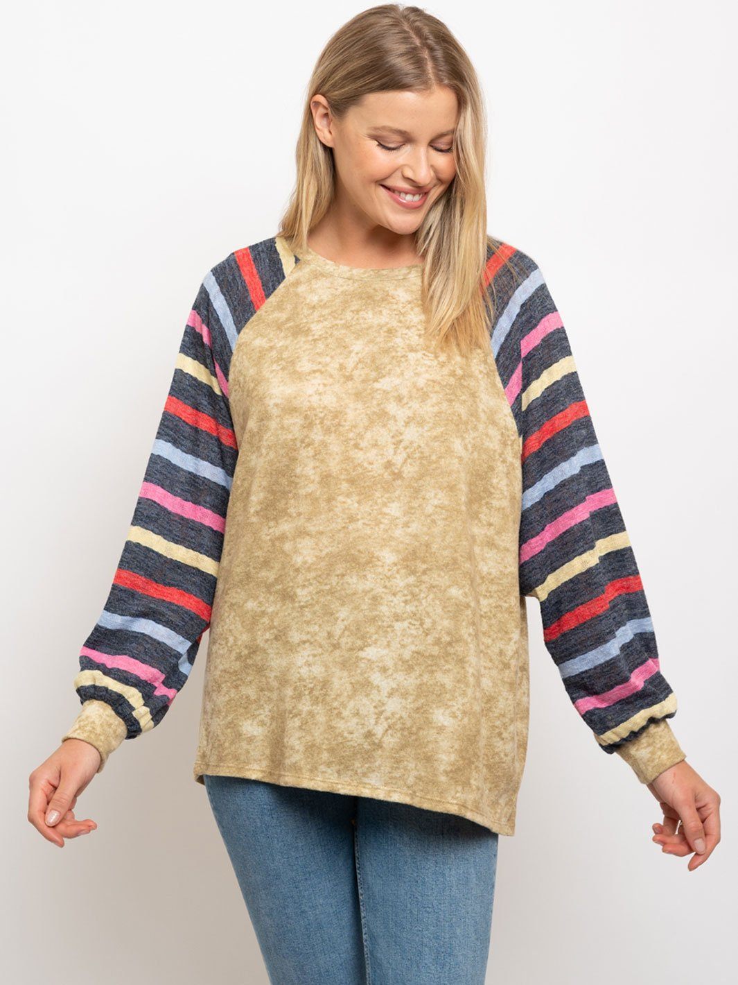 WOMEN'S TIE DYE MULTI STRIPED CONTRAST TOP