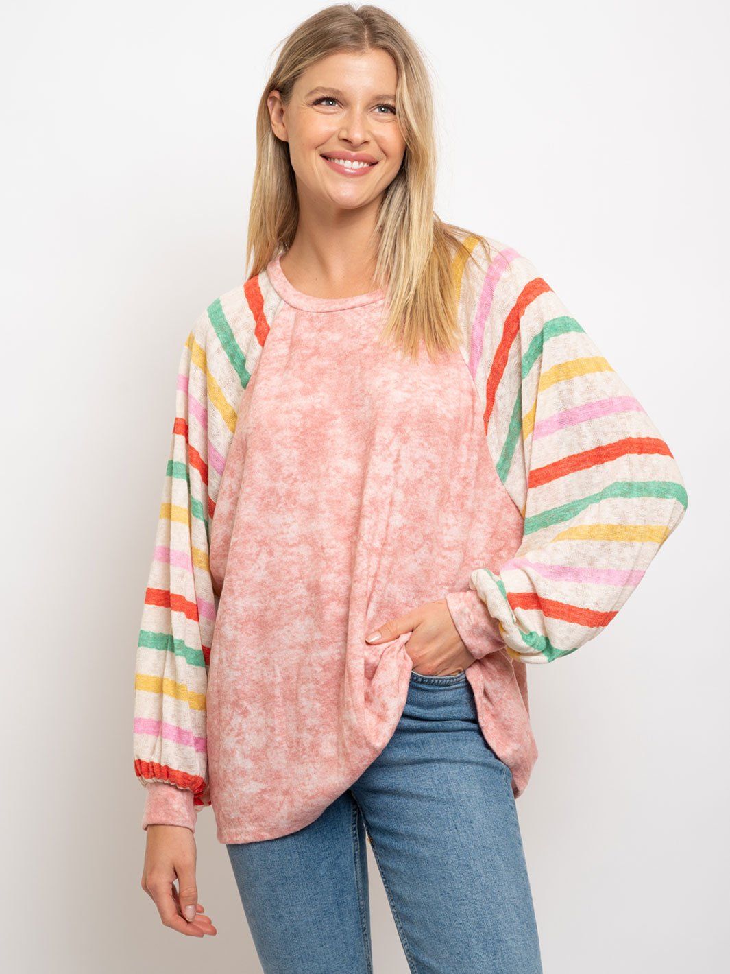 WOMEN'S TIE DYE MULTI STRIPED CONTRAST TOP