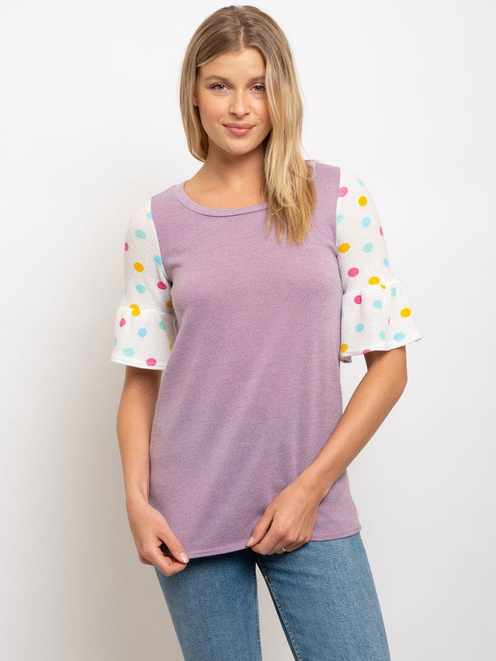 WOMEN'S COLOR DOT RUFFLE HEM SLEEVE TOP