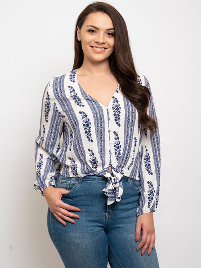 PLUS SIZE PRINTED KNOTTED TIE FRONT LONG SLEEVE TOP