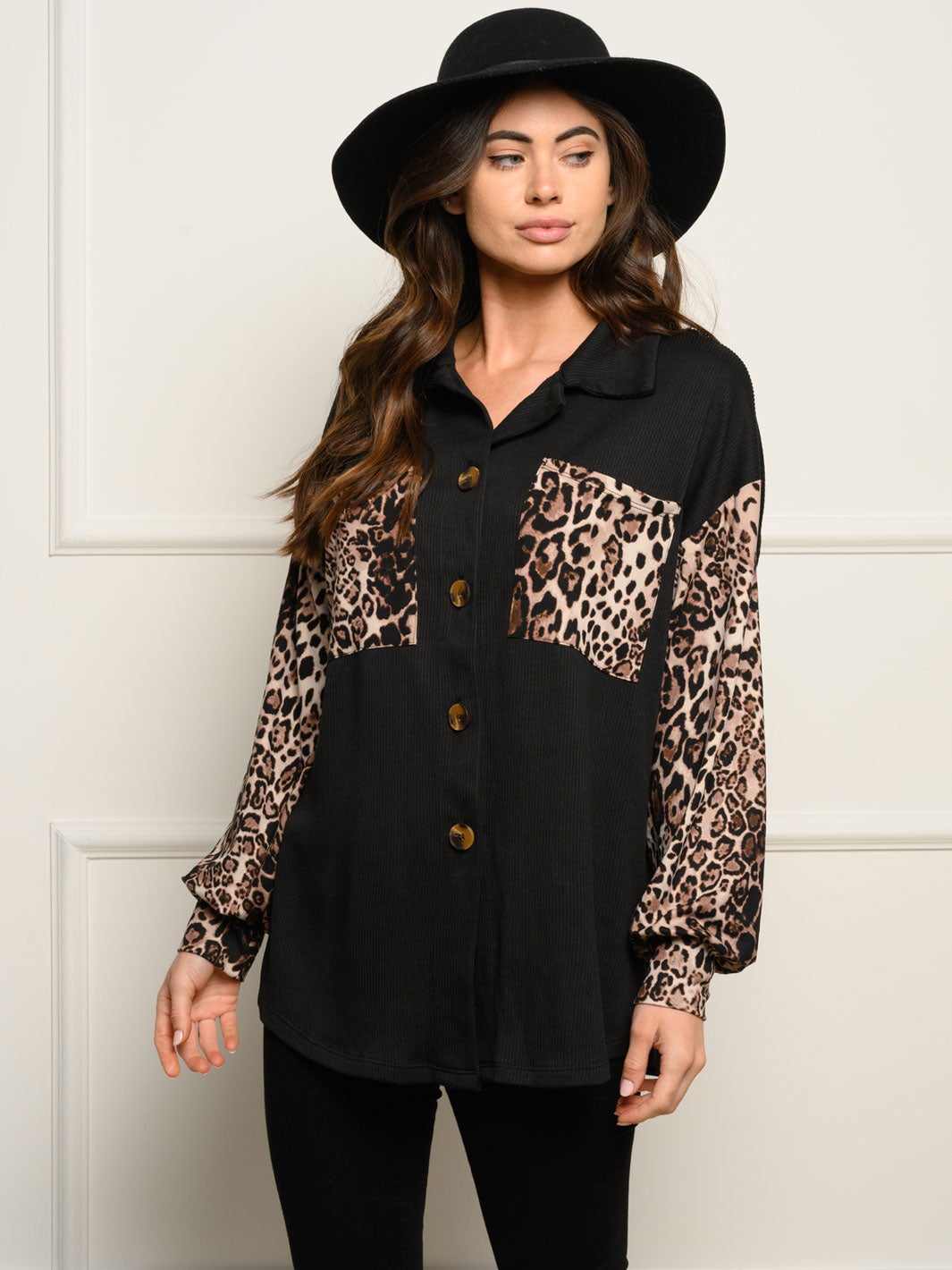 WOMEN'S LONG SLEEVE ANIMAL PRINT BUTTON DOWN TOP