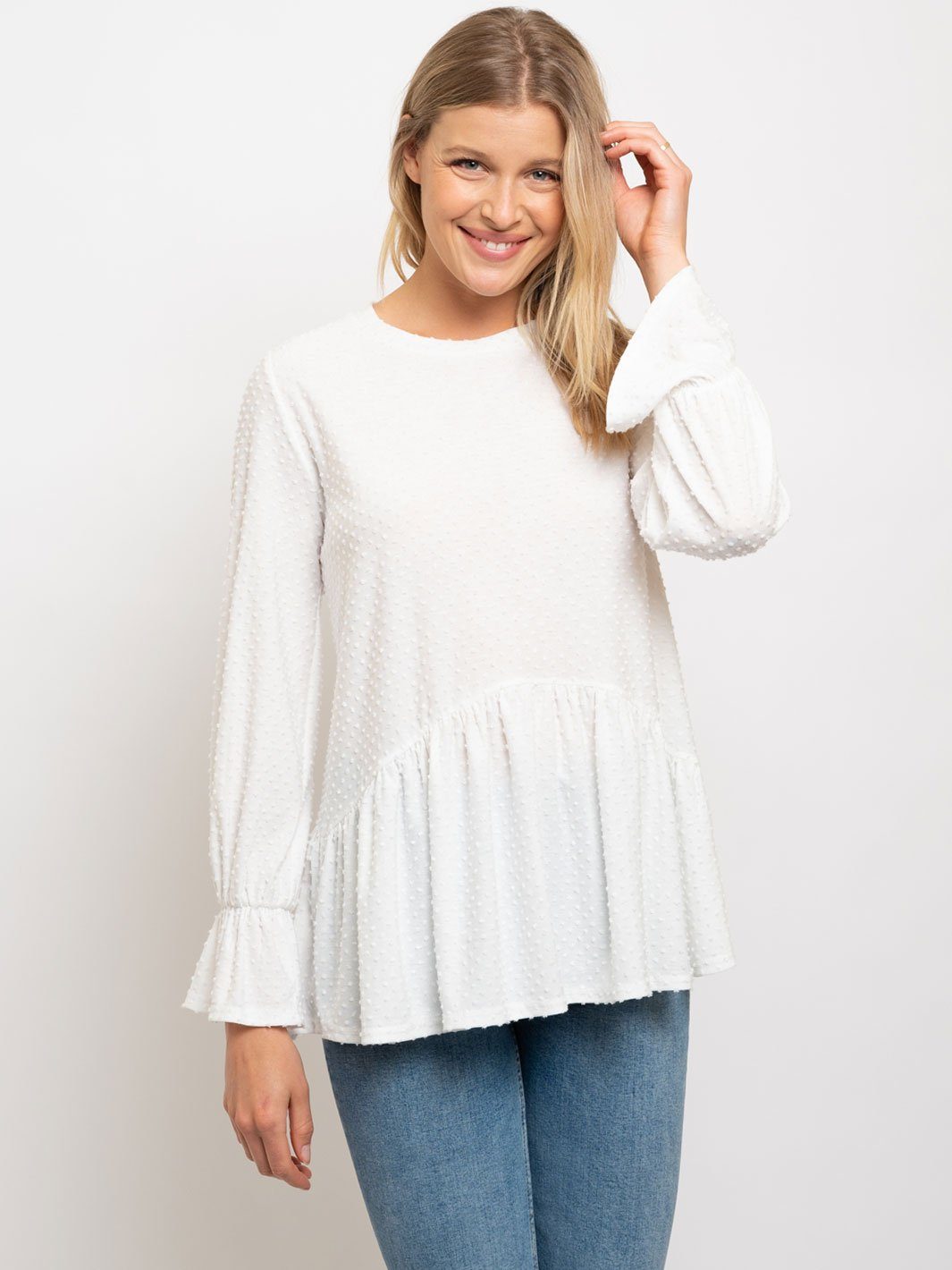 WOMEN'S SOLID DOTTED WAFFLE LONG SLEEVE TOP