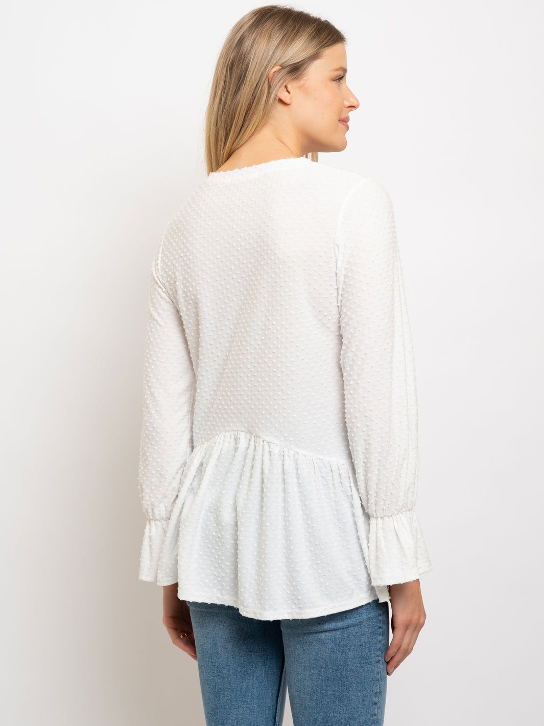 WOMEN'S SOLID DOTTED WAFFLE LONG SLEEVE TOP