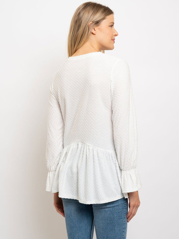 WOMEN'S SOLID DOTTED WAFFLE LONG SLEEVE TOP