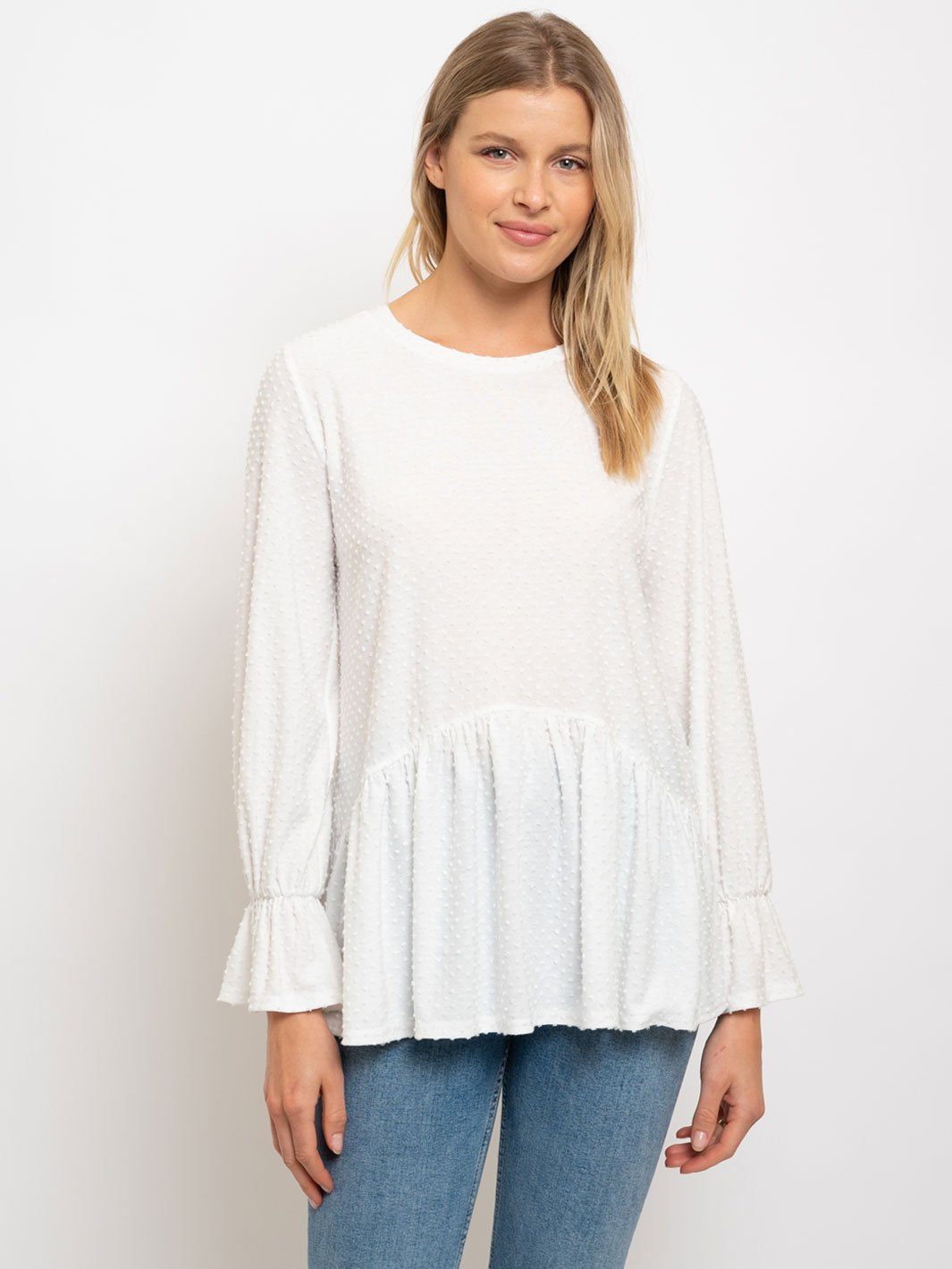 WOMEN'S SOLID DOTTED WAFFLE LONG SLEEVE TOP