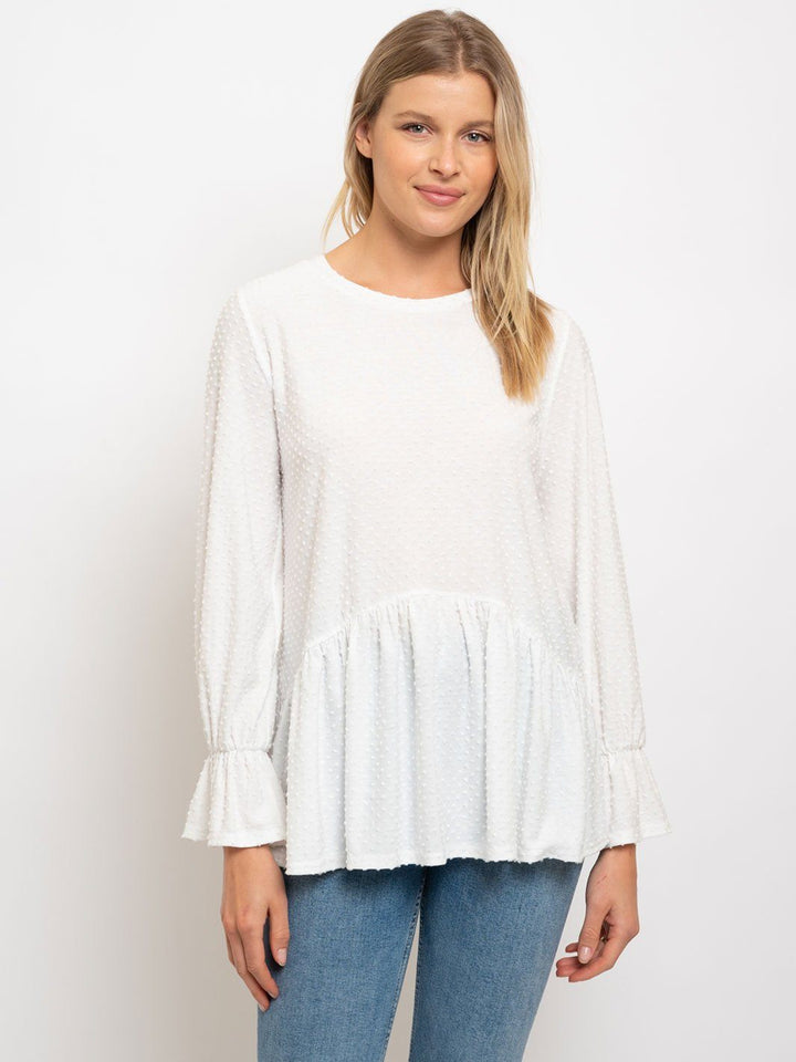 WOMEN'S SOLID DOTTED WAFFLE LONG SLEEVE TOP