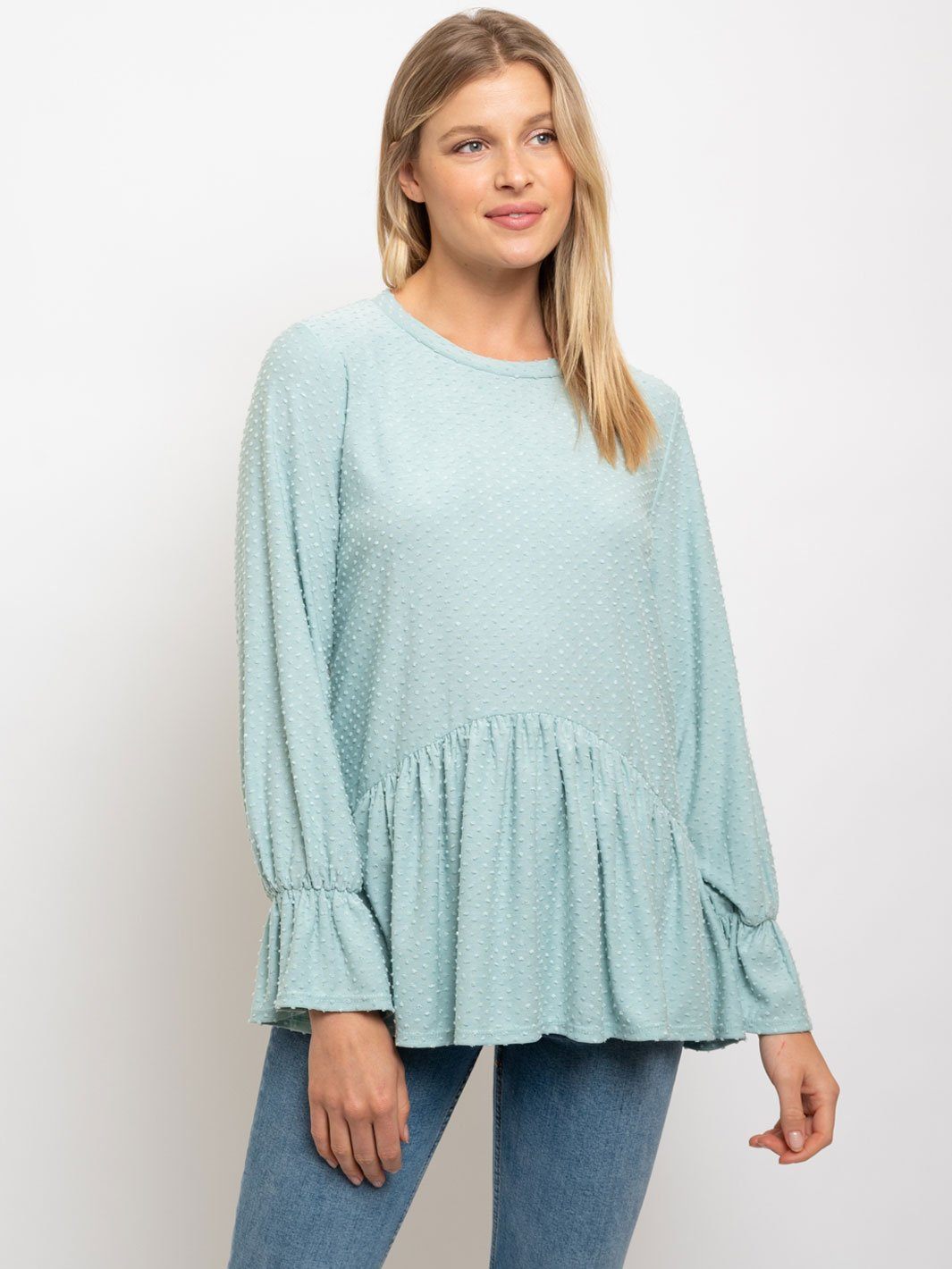 WOMEN'S SOLID DOTTED WAFFLE LONG SLEEVE TOP