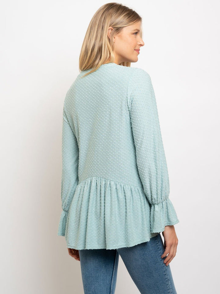 WOMEN'S SOLID DOTTED WAFFLE LONG SLEEVE TOP