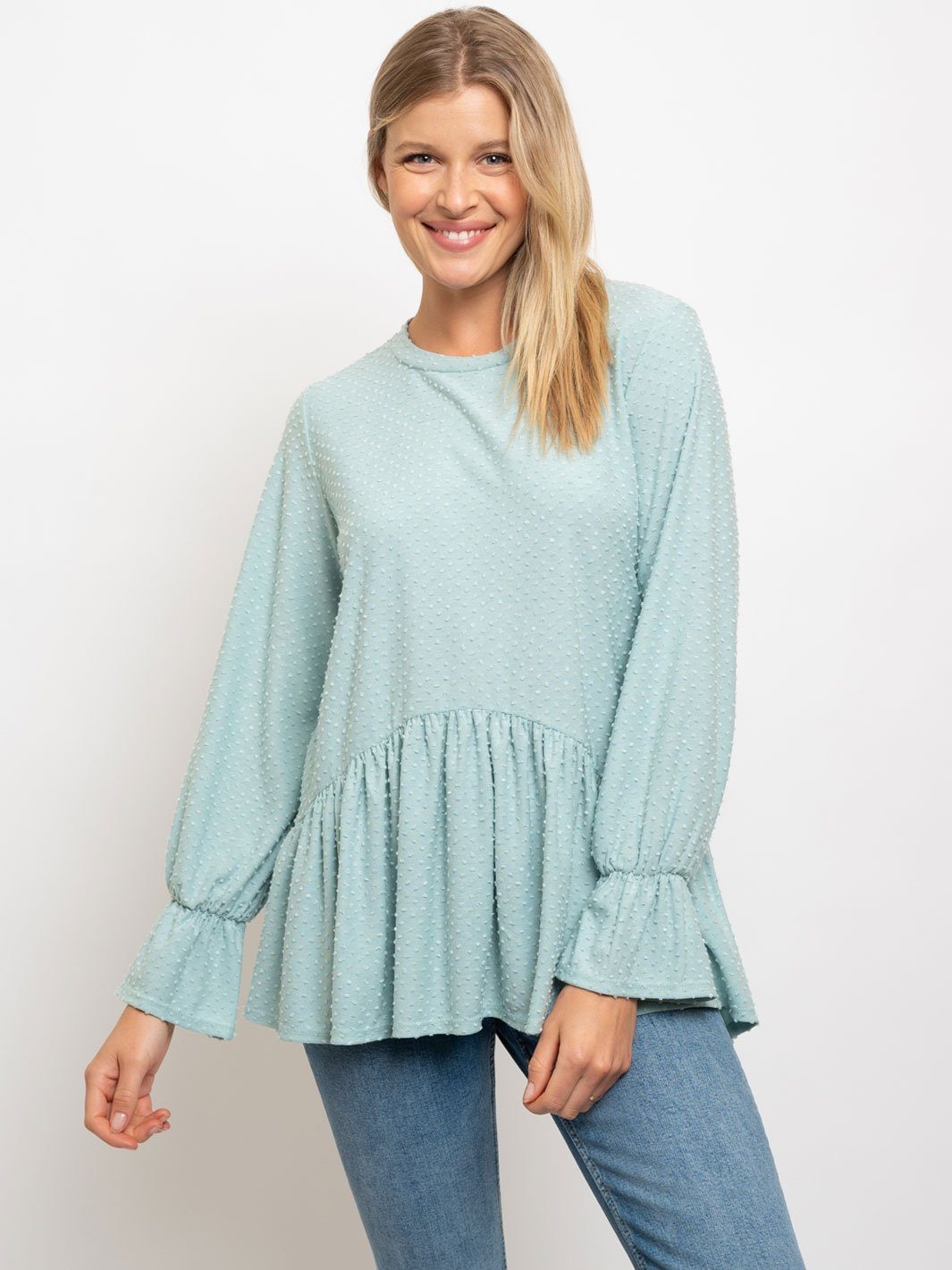 WOMEN'S SOLID DOTTED WAFFLE LONG SLEEVE TOP