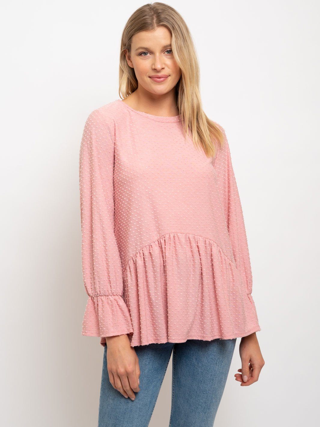 WOMEN'S SOLID DOTTED WAFFLE LONG SLEEVE TOP