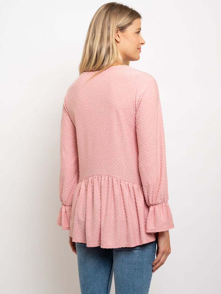 WOMEN'S SOLID DOTTED WAFFLE LONG SLEEVE TOP