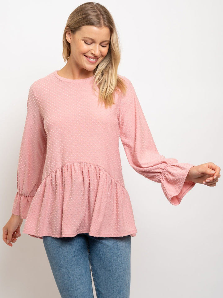 WOMEN'S SOLID DOTTED WAFFLE LONG SLEEVE TOP