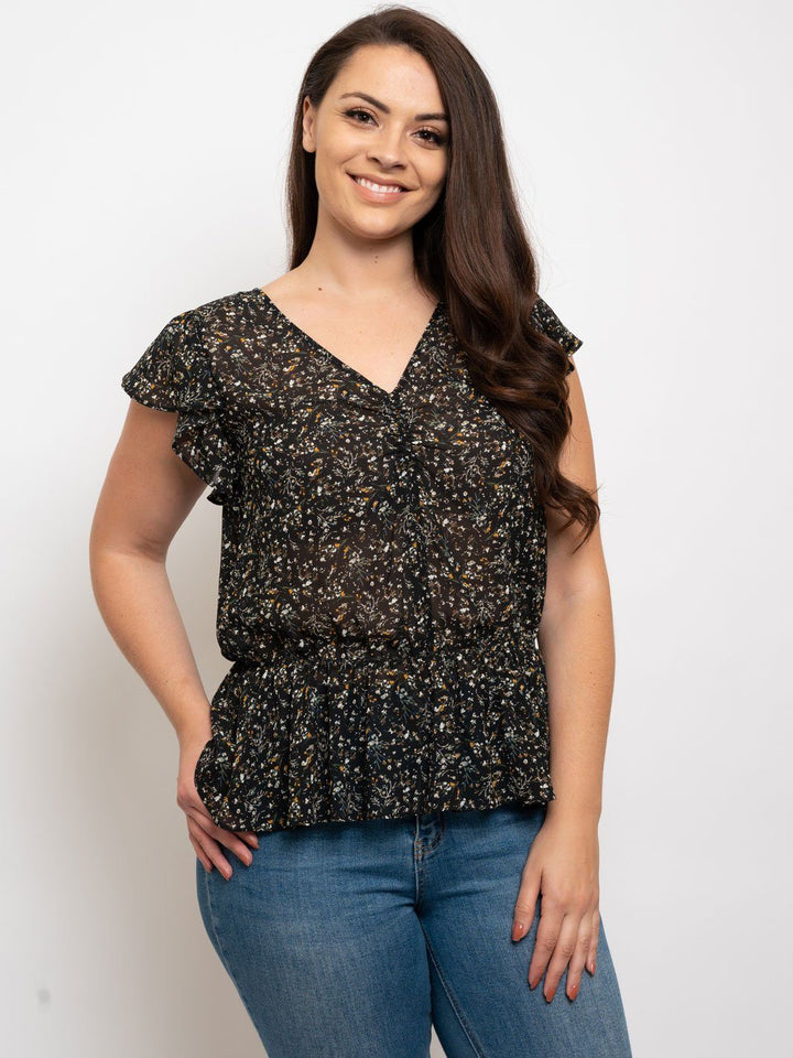 PLUS SIZE FLORAL FLUTTER SLEEVE PEPLUM TOP