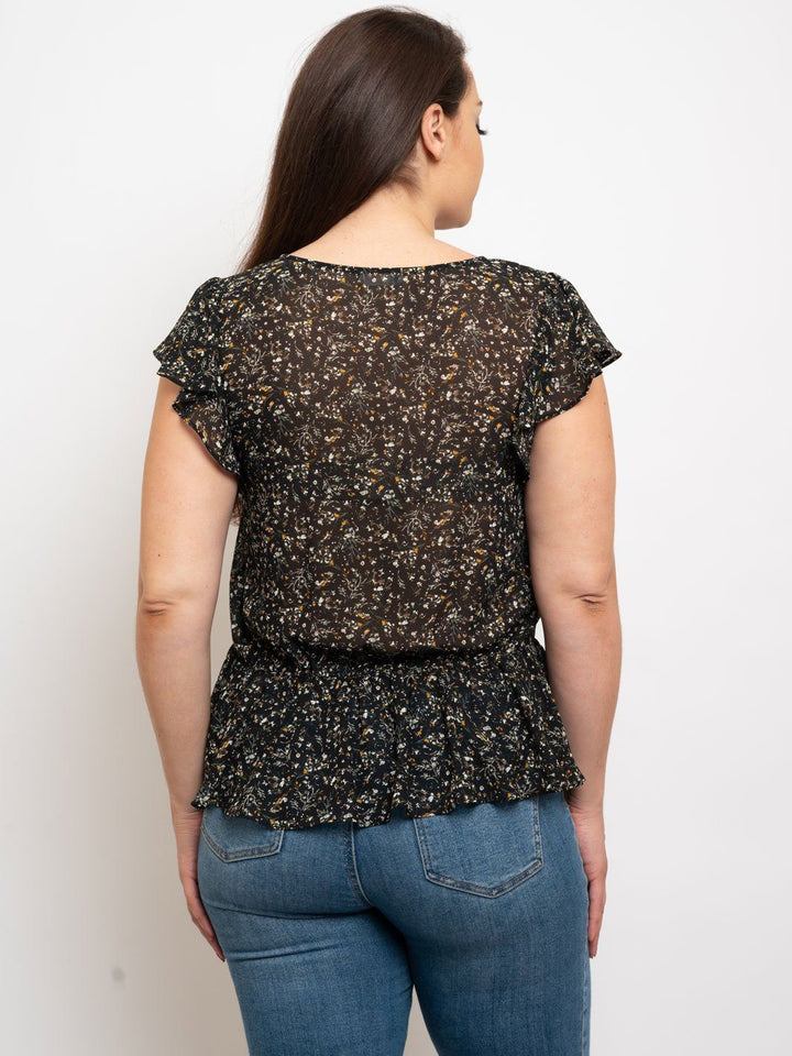 PLUS SIZE FLORAL FLUTTER SLEEVE PEPLUM TOP