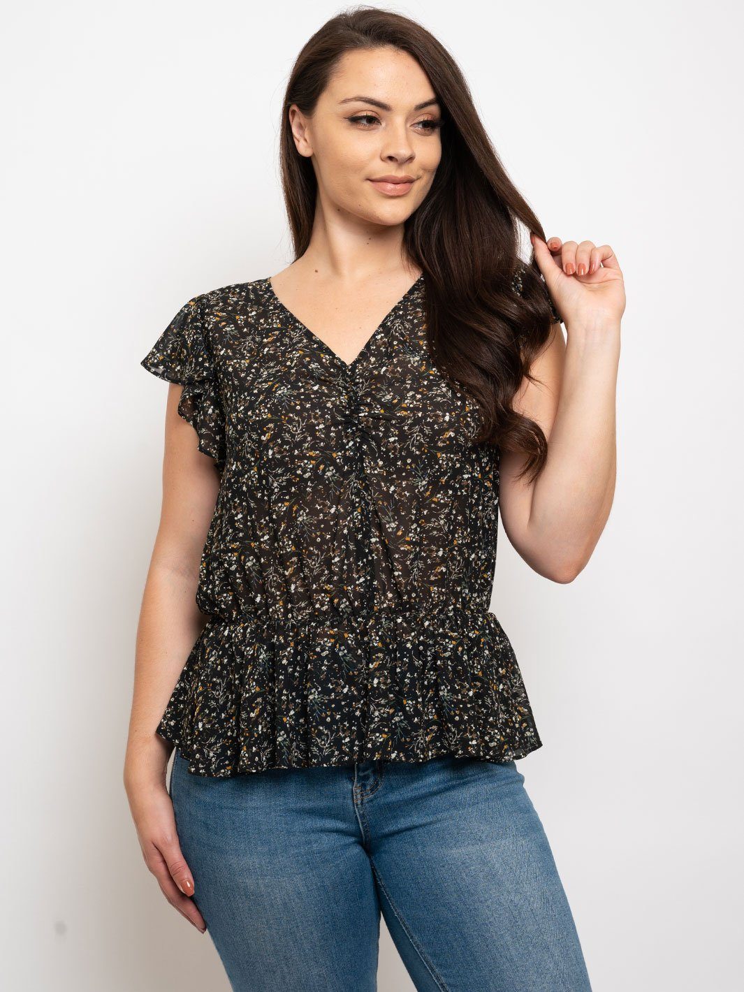 PLUS SIZE FLORAL FLUTTER SLEEVE PEPLUM TOP