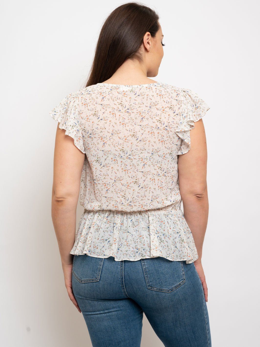 PLUS SIZE FLORAL FLUTTER SLEEVE PEPLUM TOP