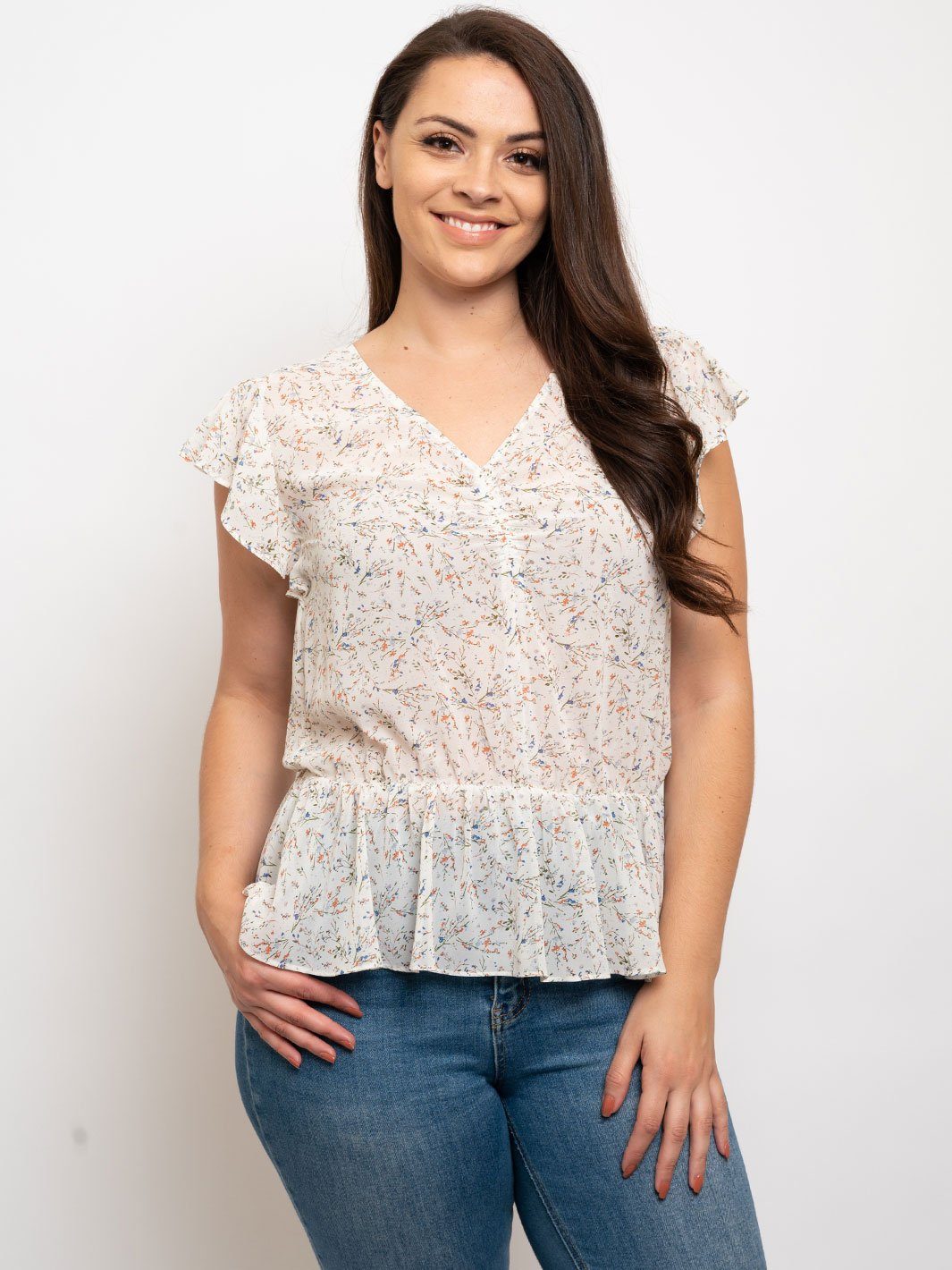 PLUS SIZE FLORAL FLUTTER SLEEVE PEPLUM TOP