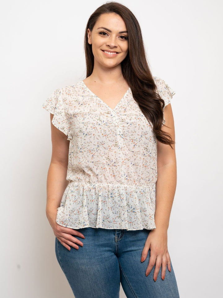 PLUS SIZE FLORAL FLUTTER SLEEVE PEPLUM TOP