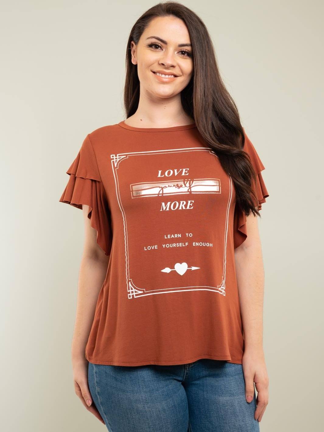 PLUS SIZE GRAPHIC TOP WITH RUFFLE SLEEVES