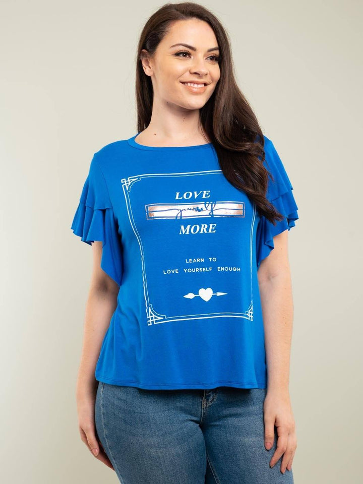 PLUS SIZE GRAPHIC TOP WITH RUFFLE SLEEVES