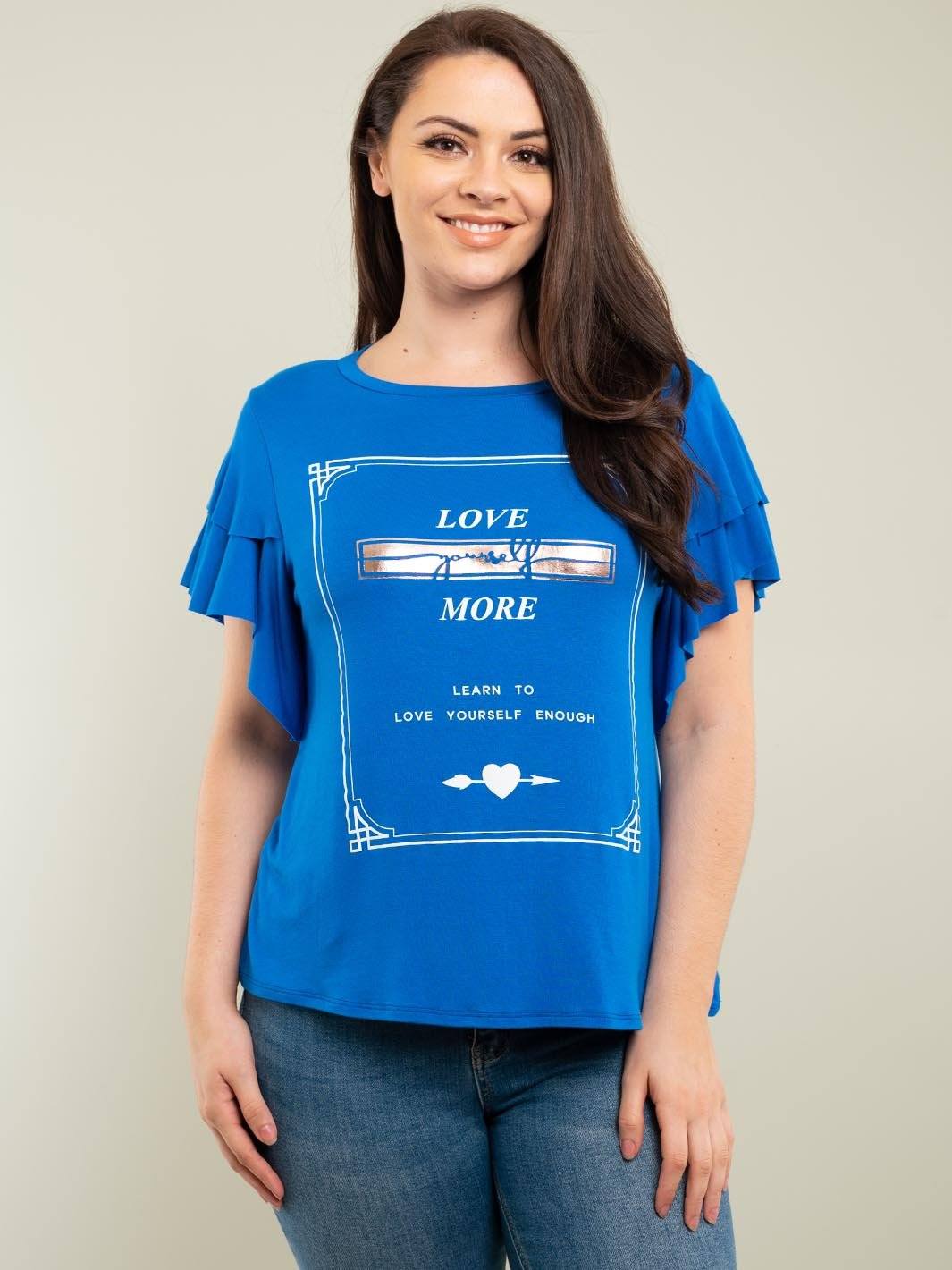 PLUS SIZE GRAPHIC TOP WITH RUFFLE SLEEVES