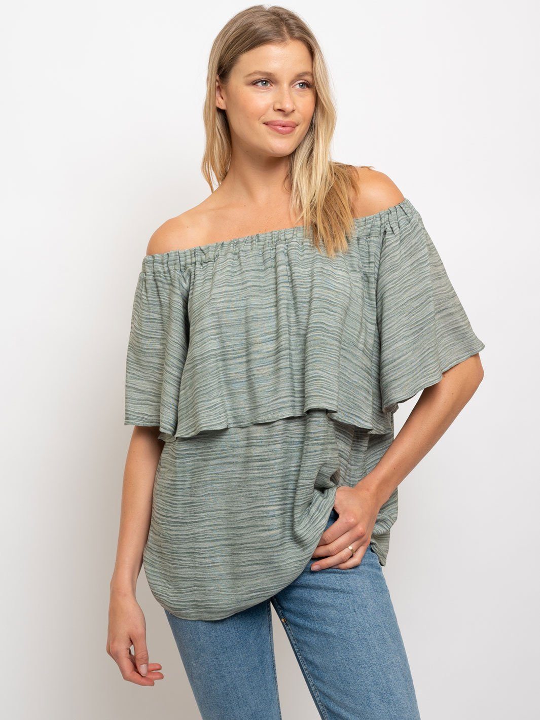 WOMEN'S ZEBRA PRINT RUFFLE OFFF SHOULDER TOP