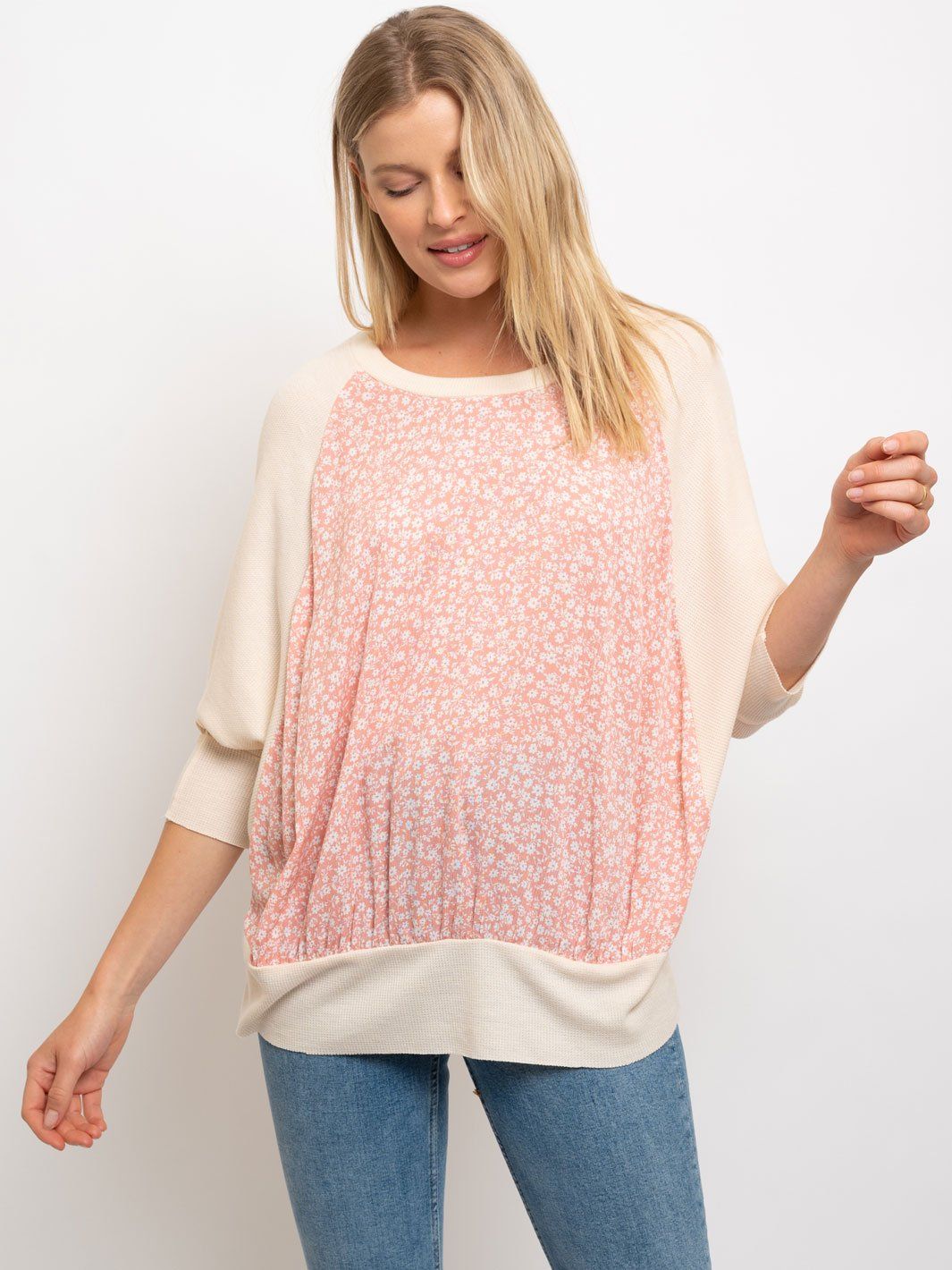 WOMEN'S RAGLAN WIDE SLEEVES CONTRAST DETAIL TOP